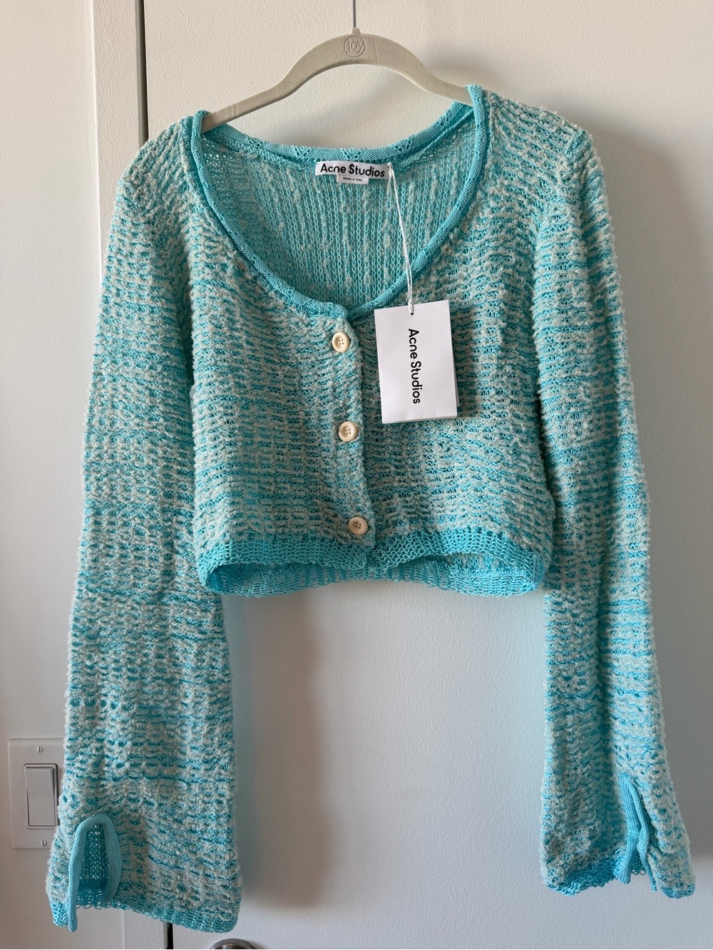 Acne Studios Cropped Knit Cardigan in Aqua and Cream